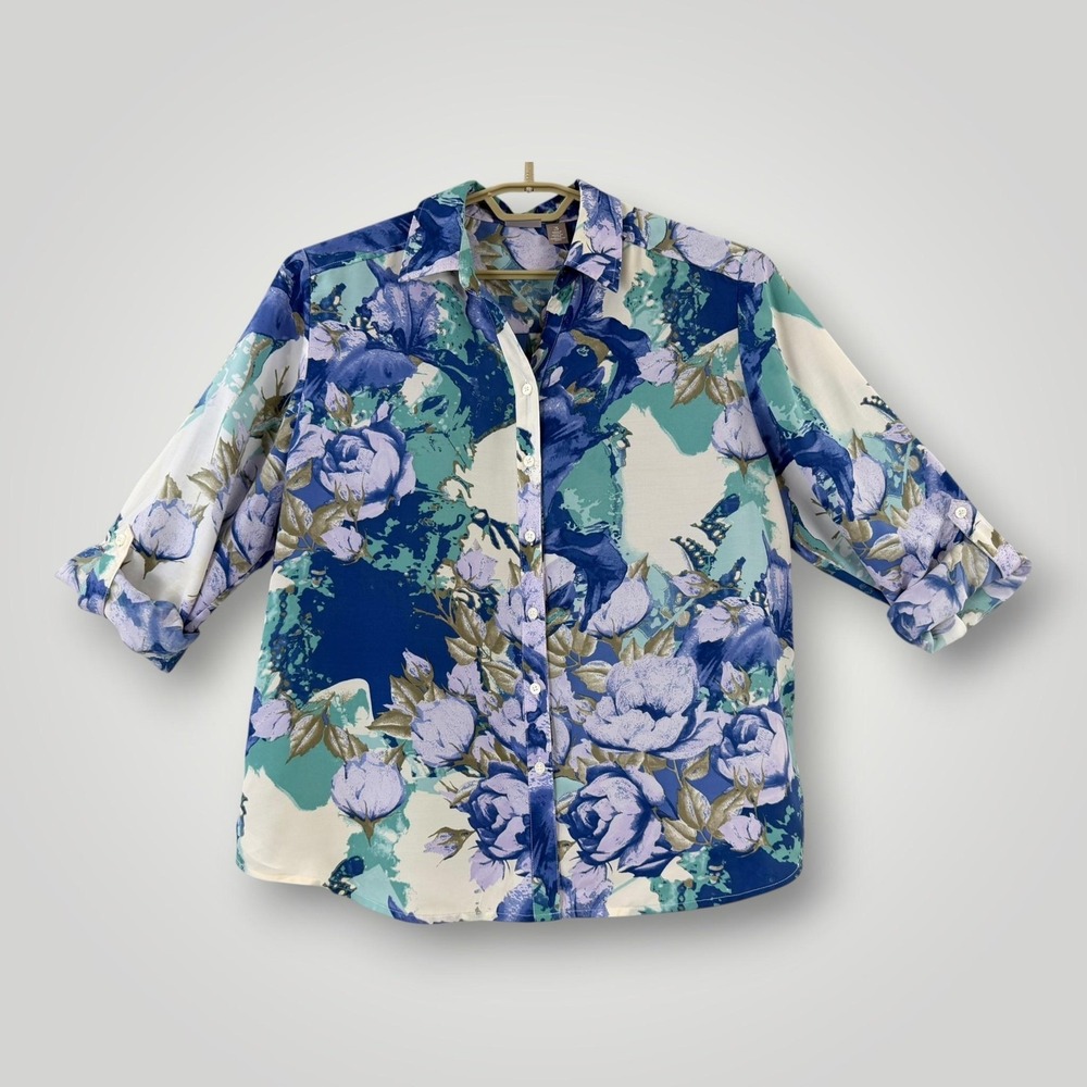 Chico's Rose Garden Sophia Blouse Womens XL Blue Floral Roll Tab NWT - Picture 2 of 9